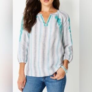 J. jill love linen striped embroidered floral notch neck‎ blouse small